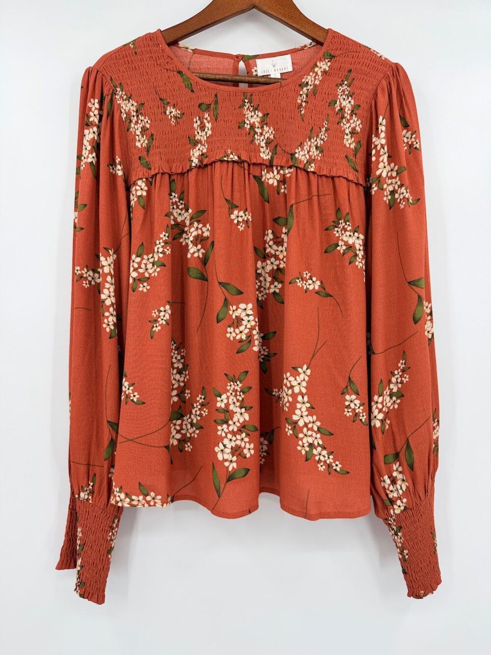 Lost + Wander LS Rust Floral with Smocking Blouse Sz L NWT